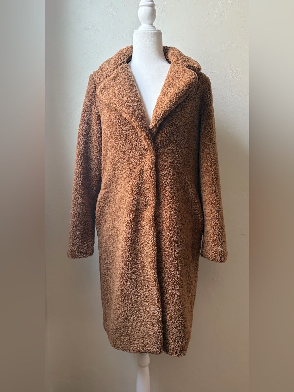 Rachel Zoe Camel Teddy Faux Shearling Coat Longline Relaxed Fit XS